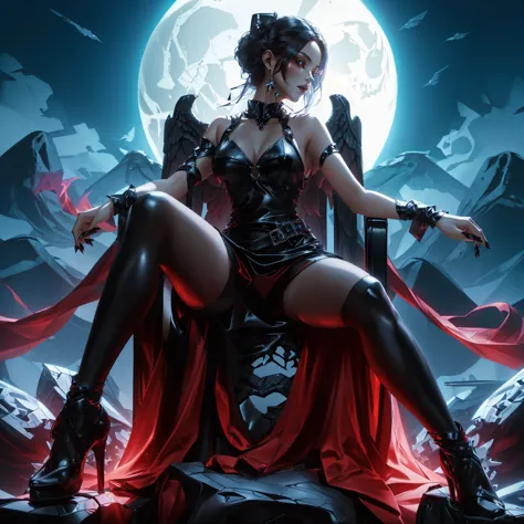 Woman, tight black leather outfit, sexy, stockings, showing thighs , See the waist , Sitting on a skull-shaped throne , Wings on...