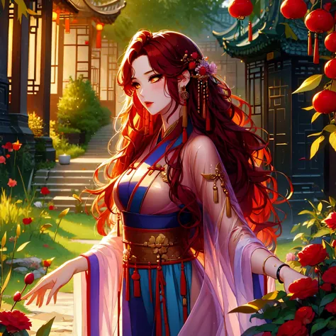 (masterpiece, best quality: 1,2), 1women, xian mei, individual golden eyes, long red curly hair, jewelry, perfect anatomy, tradi...