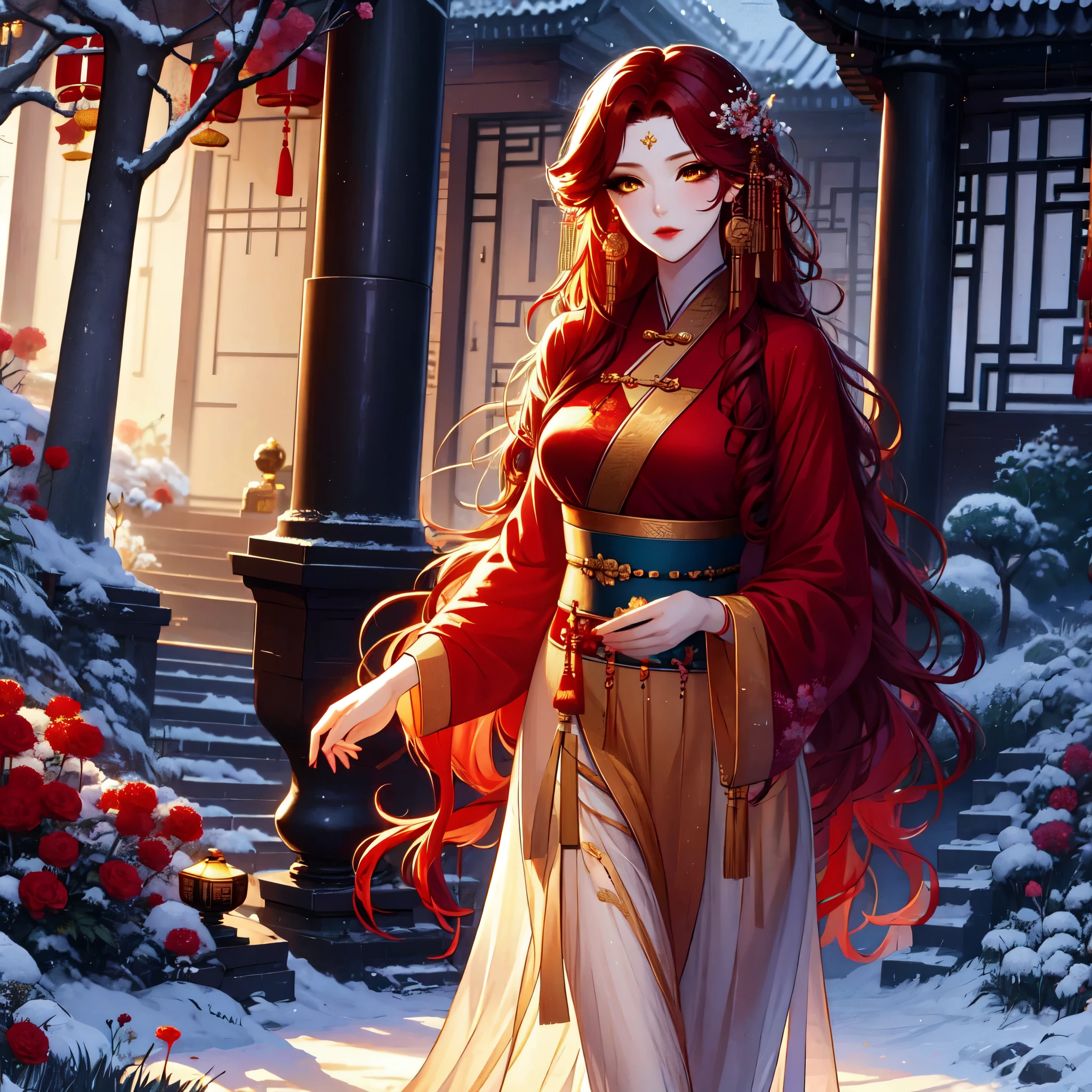 (masterpiece, best quality: 1,2), 1women, Xian mei, individual golden eyes, long red curly hair, jewelry, perfect anatomy, traditional Chinese hanfu, mangolia, sexy, hot, beautiful background, walking in the forest, picking flowers, holding a holding a flowery branch, forest,