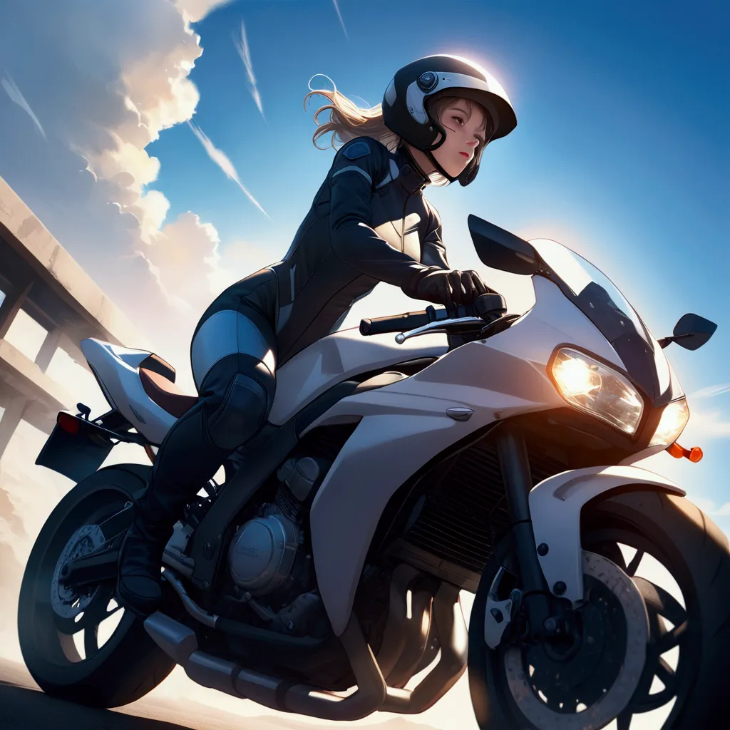 a woman riding a motorcycle, full face helmet, rider suit, low angle, blue sky, highly detailed, photorealistic, 8k, (best quality:1.4), (intricate details:1.3), cinematic lighting, dynamic angles, vibrant colors, (hyper realistic:1.2), dramatic compositio...