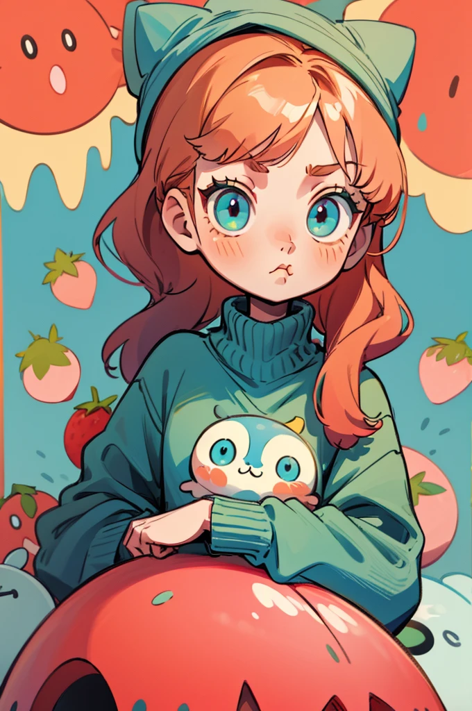 Cute, kawaii, turquise eyes, big eyes, shy, gamer, oversized sweater, long sleeves, pout, long strawberry blonde hair, bangs