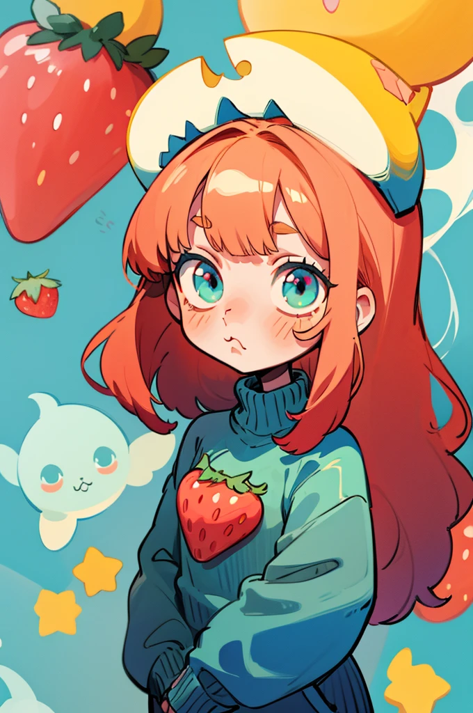 Cute, kawaii, turquise eyes, big eyes, shy, gamer, oversized sweater, long sleeves, pout, long strawberry blonde hair, bangs