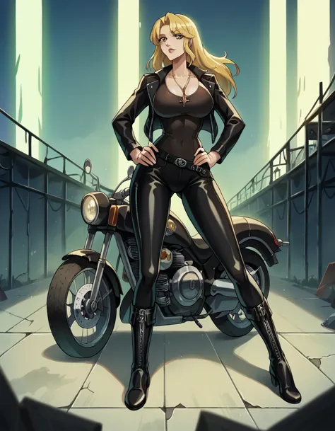 masterpiece, best quality, masterpiece, best quality, 1 woman, long blonde hair , black leather motorcycle suit , big breasts , ...