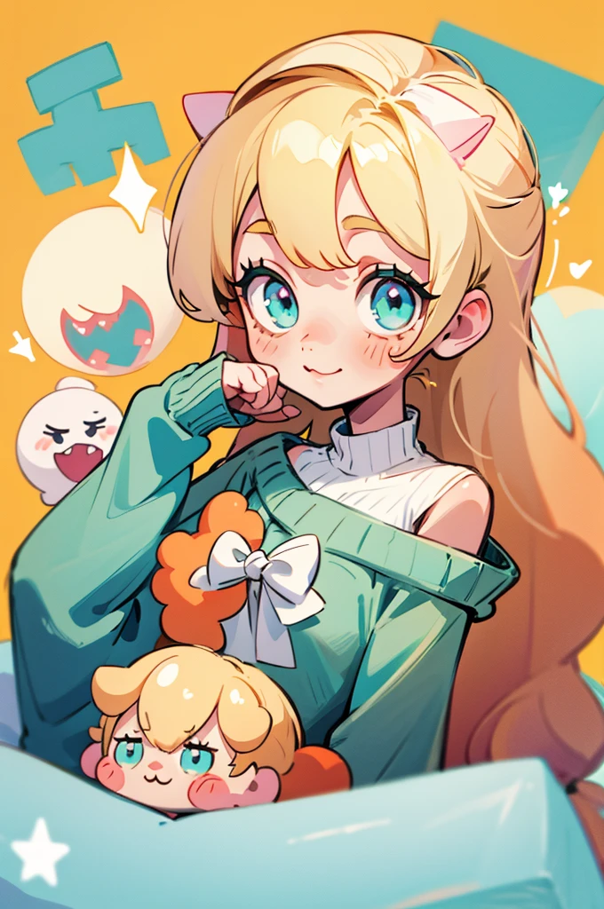 cute, happy, very long blonde hair, white bow in the back of hair, turquoise eyes, big eyes, oversized off shoulder sweater, kawaii, comfy, gamer