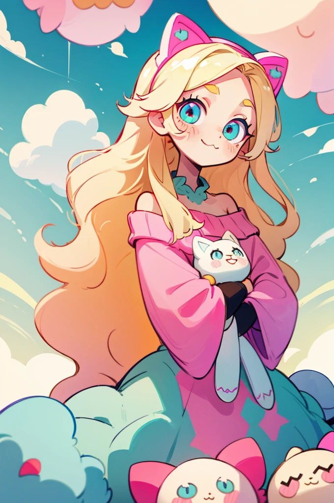 cute, happy, very long blonde hair, white bow in the back of hair, turquoise eyes, big eyes, pink oversized off shoulder sweater, kawaii, comfy, gamer, clouds, plushies, adorable, cuteness