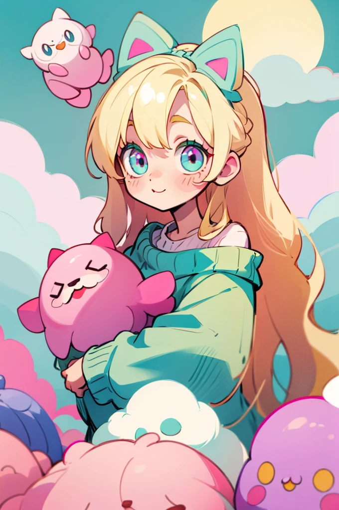 cute, happy, very long blonde hair, white bow in the back of hair, turquoise eyes, big eyes, pink oversized off shoulder sweater, kawaii, comfy, gamer, clouds, plushies, adorable, cuteness