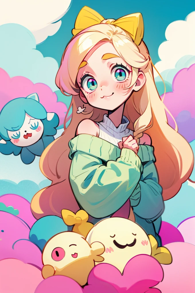 cute, happy, very long blonde hair, white bow in the back of hair, turquoise eyes, big eyes, pink oversized off shoulder sweater, kawaii, comfy, gamer, clouds, plushies, adorable, cuteness