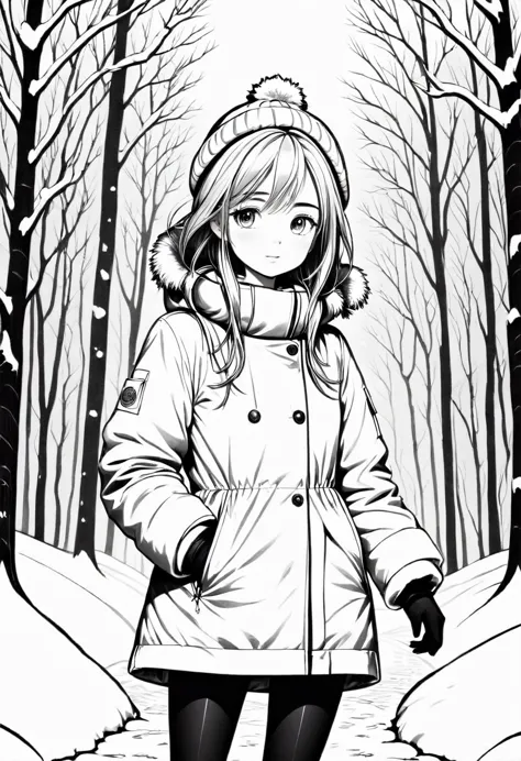 thin line drawing, lineart, fine stroke, winter, monochromatic, black andwhite. no shadows, no gray color, lineart style