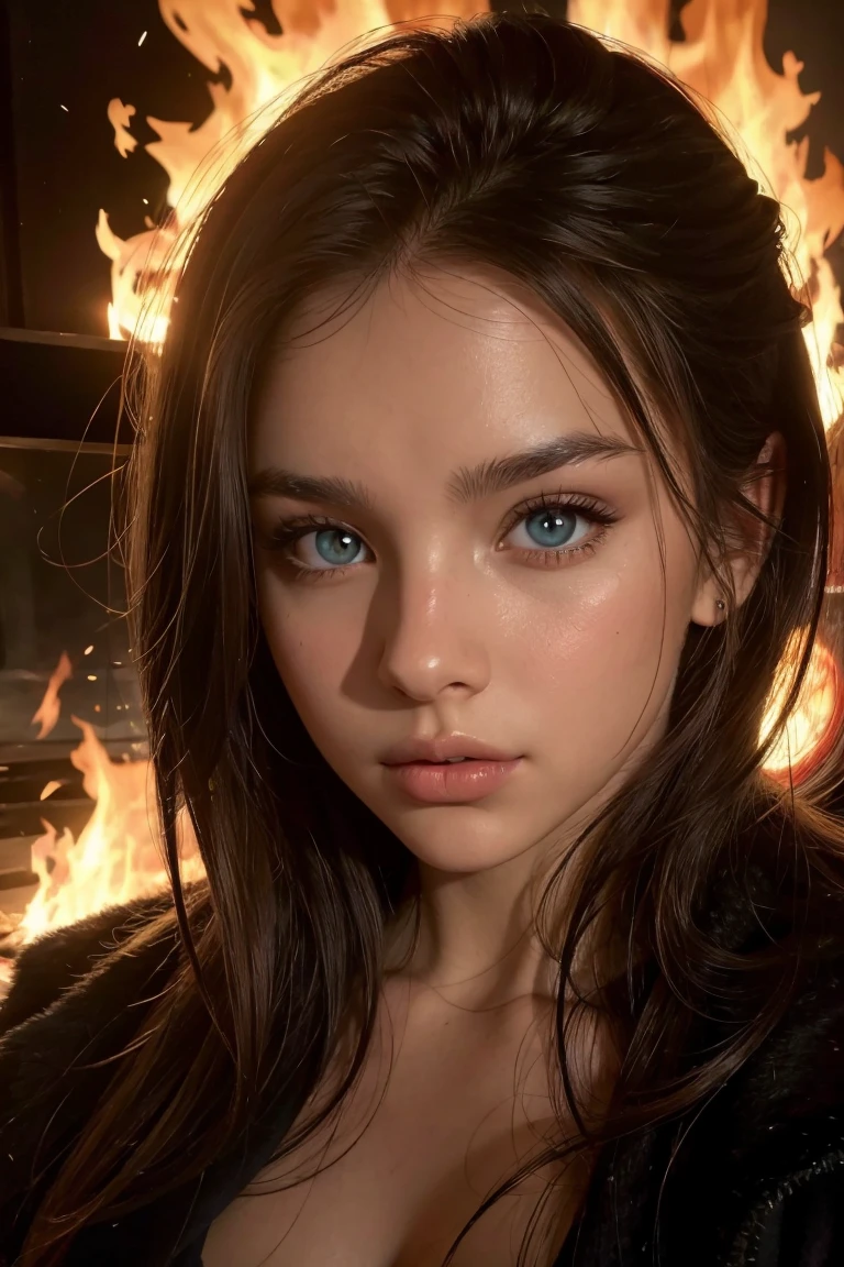 Up close portrait of a woman, beautiful face and eyes, fire in the background, fire lighting up face and in reflection, sultry and dark