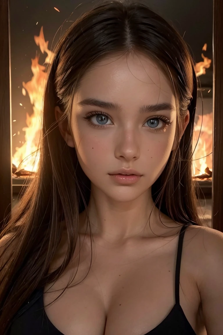 女性のアップクローズポートレート, 美しい顔と目, 背景の火事, 火が顔と反射に灯る, 蒸し暑くて暗い