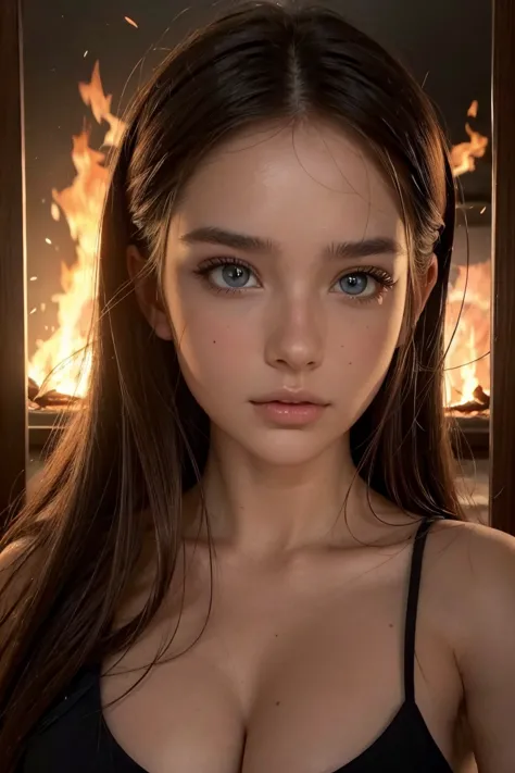 Up close portrait of a woman, beautiful face and eyes, fire in the background, fire lighting up face and in reflection, sultry a...