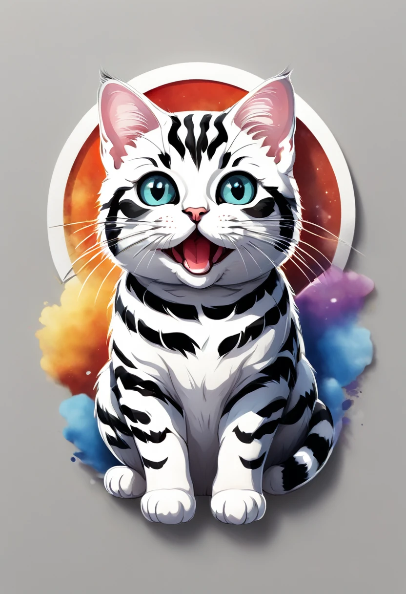 Circular logo with an アメリカンショートヘア cat, テキストロゴ: アメリカンショートヘア, 3D水彩画風, 全体像, 高コントラストと高解像度 (写実的な:1.5), 白色の背景, ステッカースタイル, (RAW写真, 8K HD, デザイン,