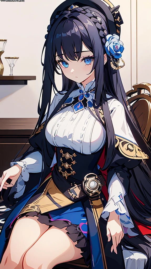 best quality, extremely detailed, anime style girl, long hair down to the waist, straight hair, dark black hair with bluish,crown braid,beautiful detailed eyes, pinched eyes, dark blue eyes, gradation eyes,huge breasts,((((English noblewoman's clothes)))),Luxury English hats,English like café,sitting on a chair,