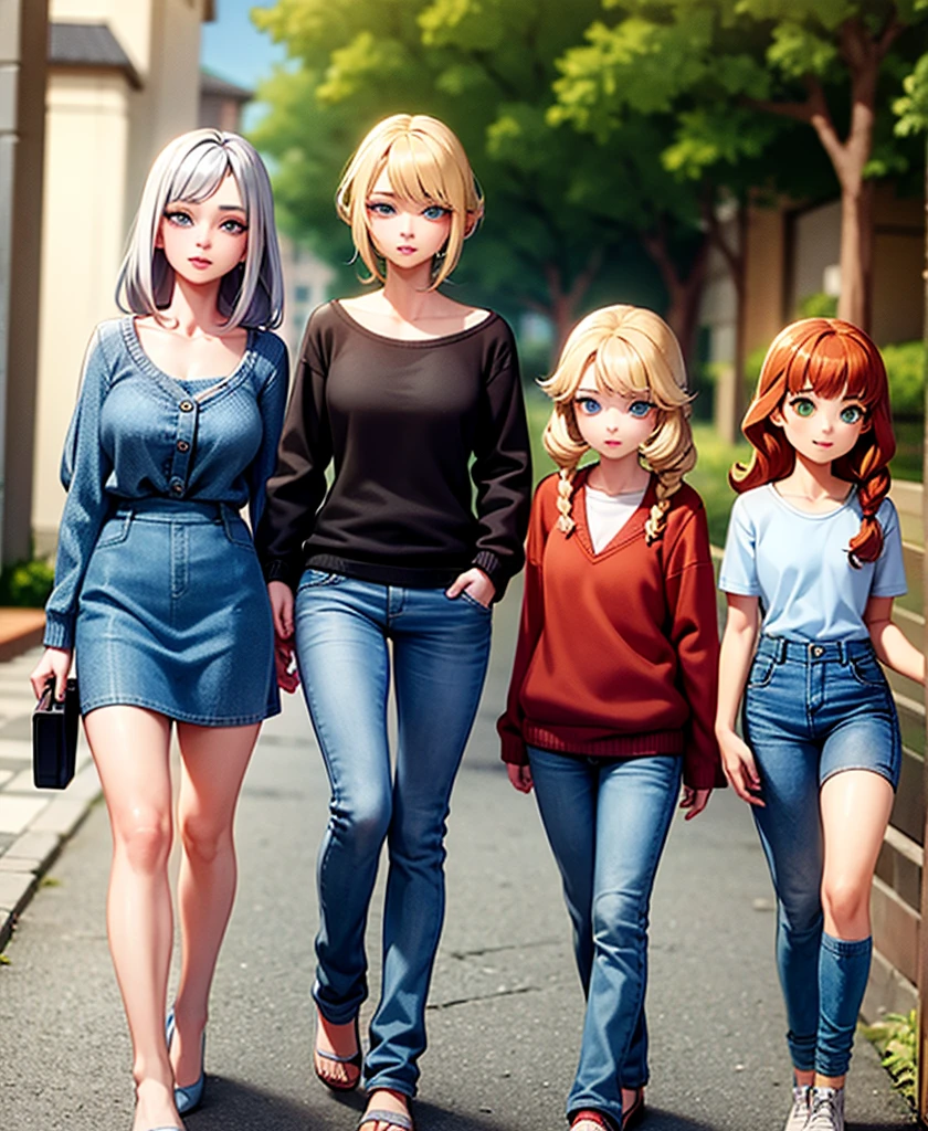 three girls, a blonde girl with green eyes, second redhead girl with blue eyes, third girl light yellow hair with light blue eyes, Casual clothes, long curly hair 