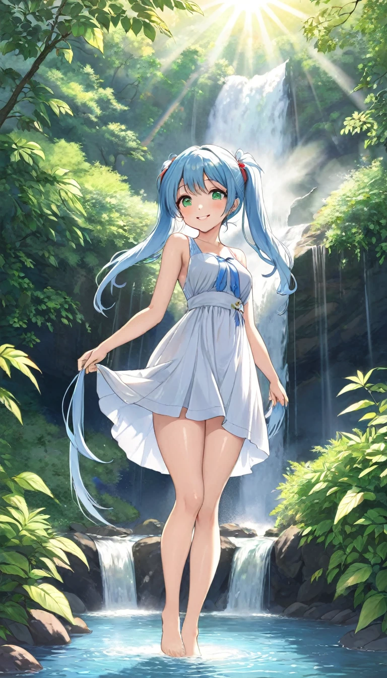 Sexy beauty，Beautiful Japanese Landscape、Big waterfall，Sunlight shines through the green leaves、White half dress、Light blue long hair、Beautiful girl with twin tails、Look up at the sky、Bright smile