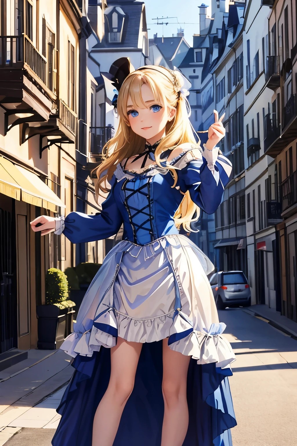 village realisticlying、Virginia Otis 15-year-old blonde hair blue eyes、City of victorian age, Europe. aristocrat girl、Looking up from below、 wear long sleeve sheer fabric dress、Various dynamic  sexy poses、Face smile、cute face, Depicts the whole body、