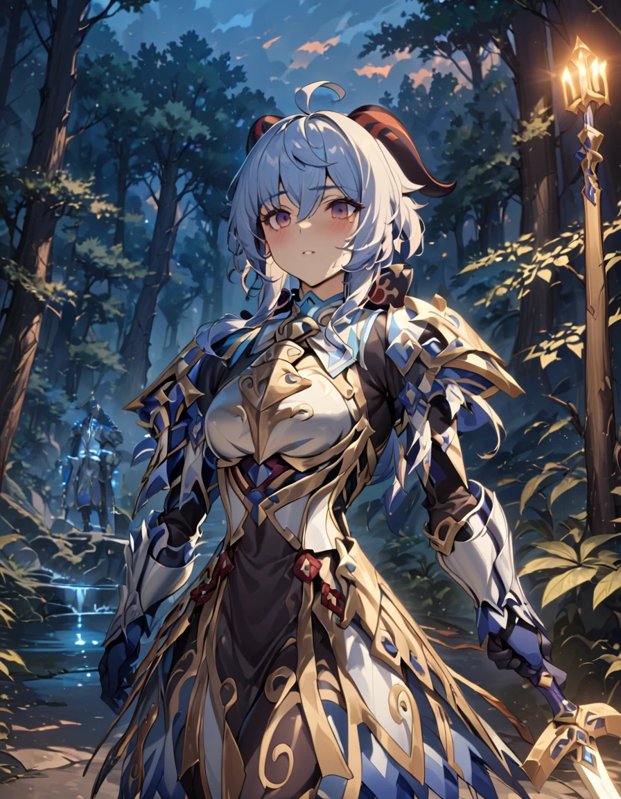 Ganyu, use blue Epic paladin Armor, sword 1 hand, hight quality, best quality, masterpiece, intricate details, high resolution, extremely detailed face, perfect lighting,(perfect hands), Detailed background, forest, Dusk, armored, Heavy Armor, 