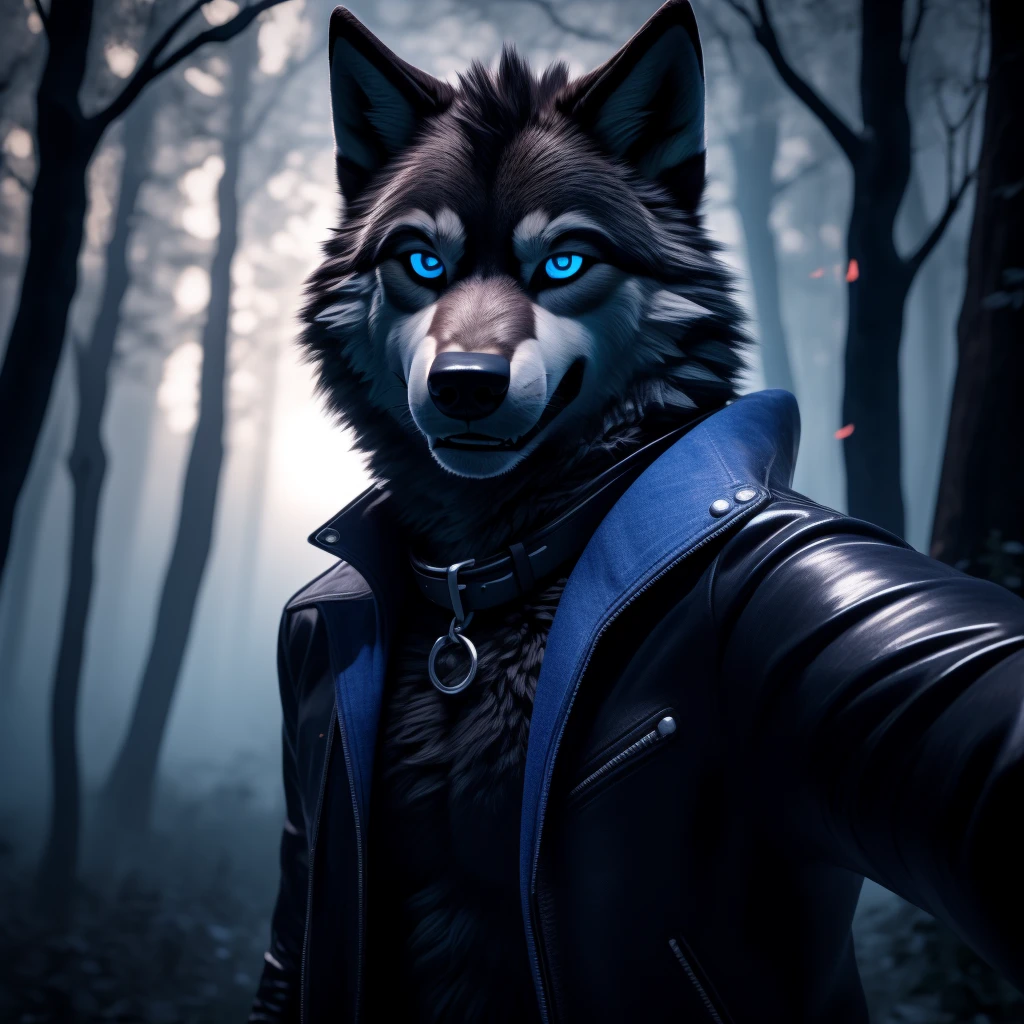 Selfie, Male, 30 years old, cute, eyeliner, evil grin, black leather jacket, anthro, wolf ears, wink, (black fur:1.5), wolf, forest background, 8k, hi res, (best quality, masterpiece), (wolf tail:1.5), detailed fur, solo, night, leashing and collar, blue jeans, blue eyes,