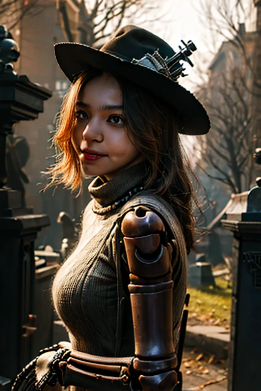 Young beautiful girl, Emma Myers, American, SOFT SMILING FACE, HAVE A BROWN HAIR, wears a old cowboy hat, wears old-fashioned clothes, wears old torn scarf, 19th century, poverty-stricken clothes, old torn clothes, 19th century period clothing, holding a bouquet, standing before her grandparents' tombstones, cemetery background, dark cities background, night time, midnight background.

The Smiling and widely mouth laughing Skeleton Woman from Bloodborne.

A black-haired girl wields the Heavy Thrusting SCYTHES and equip the SHOTGUNS from within the Elden Ring in a reverse grip.

Blooded Background.

((((Closer Face,Detailed,Two Sides,Left,Good,Right,Evil,Armies of Deads, Skeletons))))

The Monstrously Cannibalism Clockwork Flaming Lanterns from Bloodborne. The Monstrously Cannibalism Clockwork Thorny Wheels Robot Droid Nun and Knights From Bloodborne.

a close up symmetrical portrait of a cyberpunk gangster, biomechanical, mshn robot, splashes of orange red, hyper realistic, intricate design, (insanely detailed:1.4), (extremely fine details:1.35), Extremely sharp lines, steel, cinematic lighting, Photorealistic, a detailed painting by Ayami Kojima and Lilia Alvarado, (best quality, high quality, absurdres, intricate detail, masterpiece, cinematic), highly detailed, motion blur, film grain, noise, lens effects,