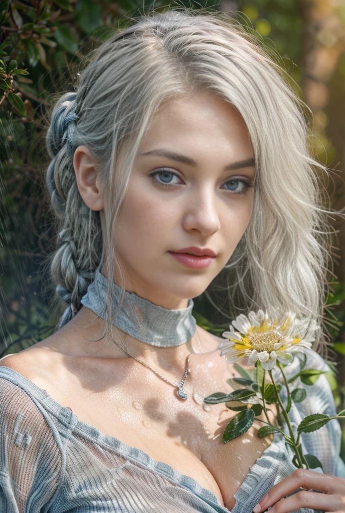 Photorealism, close up, wide angle, seen from below, a girl wears a long-sleeved shirt that is wet and torn, sagging shiet is exposinging her smooth shoulders, she has a slim body with firm, plump breasts, fair and smooth skin, grayish blue eyes , has silver hair and braids, she is sitting cross-legged in a weed field during heavy rain, she looks cold and her body and hair are soaked, in a foggy atmosphere, photon mapping,