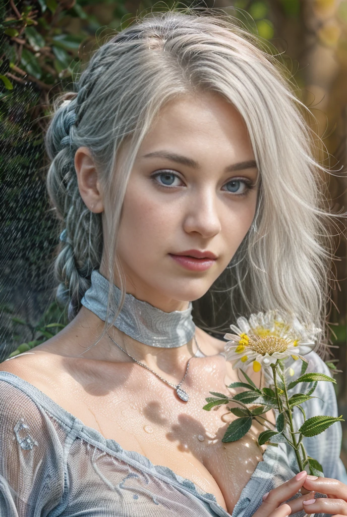 Photorealism, close up, wide angle, seen from below, a girl wears a long-sleeved shirt that is wet and torn, sagging shiet is exposinging her smooth shoulders, she has a slim body with firm, plump breasts, fair and smooth skin, grayish blue eyes , has silver hair and braids, she is sitting cross-legged in a weed field during heavy rain, she looks cold and her body and hair are soaked, in a foggy atmosphere, photon mapping,