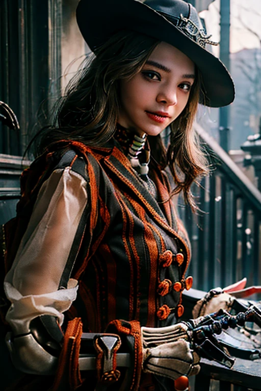 Young beautiful girl, Emma Myers, American, SOFT SMILING FACE, HAVE A BROWN HAIR, wears a old work cap, wears old-fashioned clothes, 19th century, poverty-stricken clothes, old torn clothes, 19th century period clothing, holding a bouquet, standing before her grandparents' tombstones, cemetery background, dark cities background, night time, midnight background.

The Smiling and widely mouth laughing Skeleton Woman from Bloodborne.

A black-haired girl wields the Heavy Thrusting SCYTHES and equip the SHOTGUNS from within the Elden Ring in a reverse grip.

Blooded Background.

((((Closer Face,Detailed,Two Sides,Left,Good,Right,Evil,Armies of Deads, Skeletons))))

The Monstrously Cannibalism Clockwork Flaming Lanterns from Bloodborne. The Monstrously Cannibalism Clockwork Thorny Wheels Robot Droid Nun and Knights From Bloodborne.

a close up symmetrical portrait of a cyberpunk gangster, biomechanical, mshn robot, splashes of orange red, hyper realistic, intricate design, (insanely detailed:1.4), (extremely fine details:1.35), Extremely sharp lines, steel, cinematic lighting, Photorealistic, a detailed painting by Ayami Kojima and Lilia Alvarado, (best quality, high quality, absurdres, intricate detail, masterpiece, cinematic), highly detailed, motion blur, film grain, noise, lens effects,