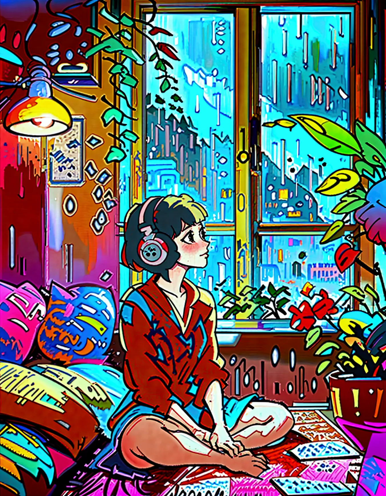 european hippie girl meditating in her room, dreaming, wear headphones, night lights, neon landscape on a rainy day, analog colo...