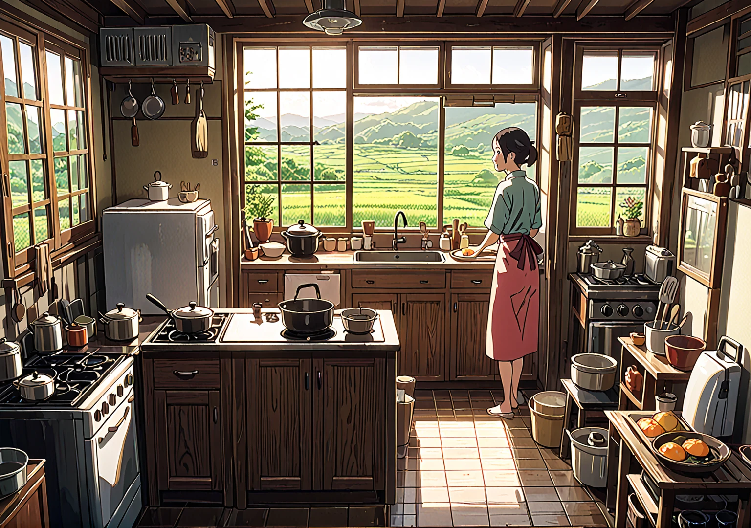 A young mother in her 40s is cooking in an old, rustic Japanese kitchen. She is seen from behind, wearing casual home clothes and an apron. The kitchen is narrow and filled with vintage decor, including a small sink, wooden cabinets, and old appliances like a microwave, a gas stove, and a retro refrigerator. Pots, pans, and various kitchen utensils are hanging around. The window shows a peaceful rural landscape outside. The scene has a warm, cozy feel with soft, natural colors and minimal contour lines, in an anime-style touch.
