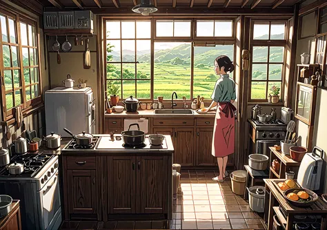 a young mother in her 40s is cooking in an old, rustic japanese kitchen. she is seen from behind, wearing casual home clothes an...