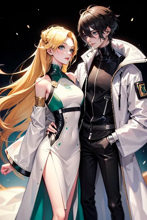 (tall man, (man is taller than me woman) messy black-haired man wearing a sexy  space outfit.),(a thin woman, long blonde hair, ...