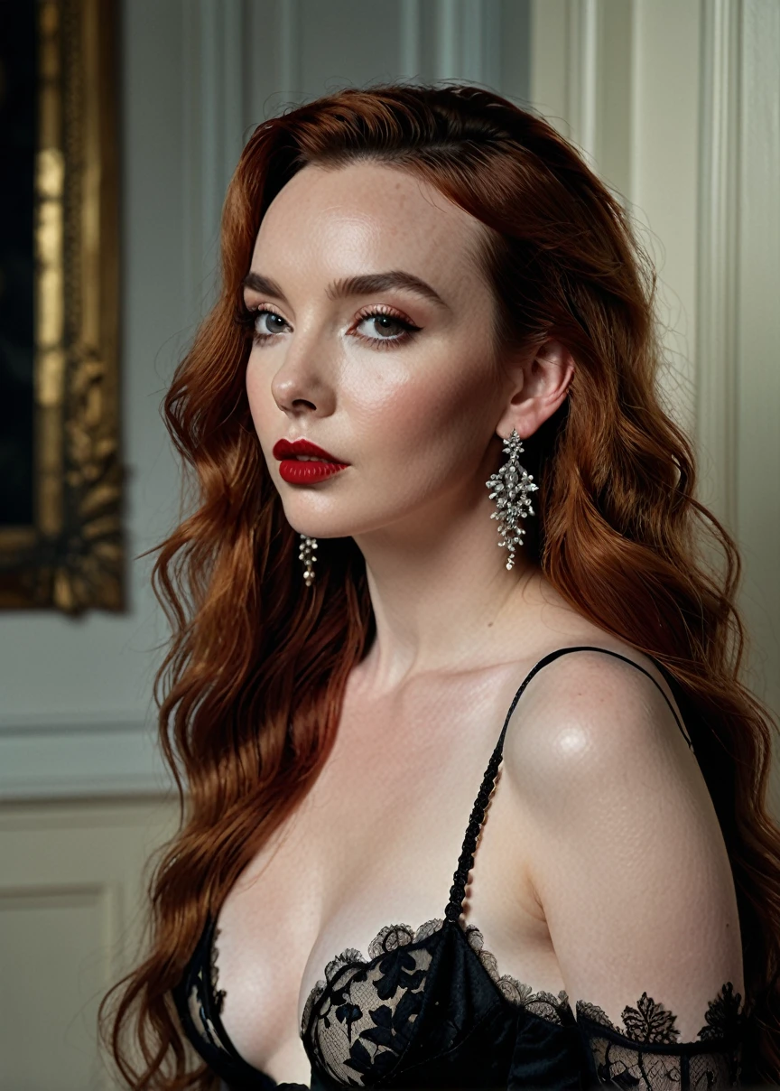 profile. PORNSTAR Jodie Comer . very long red hair. gothic pale skin -  SeaArt AI