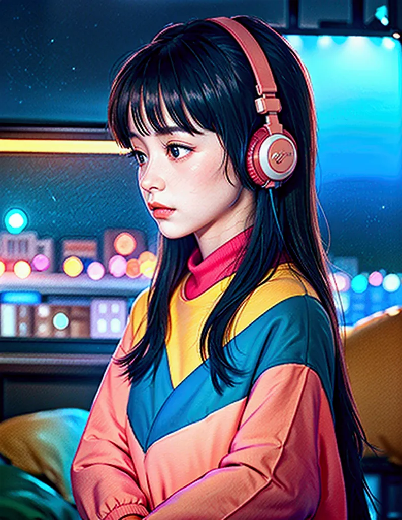 european hippie girl meditating in her room, dreaming, wear headphones, night lights, neon landscape on a rainy day, analog colo...