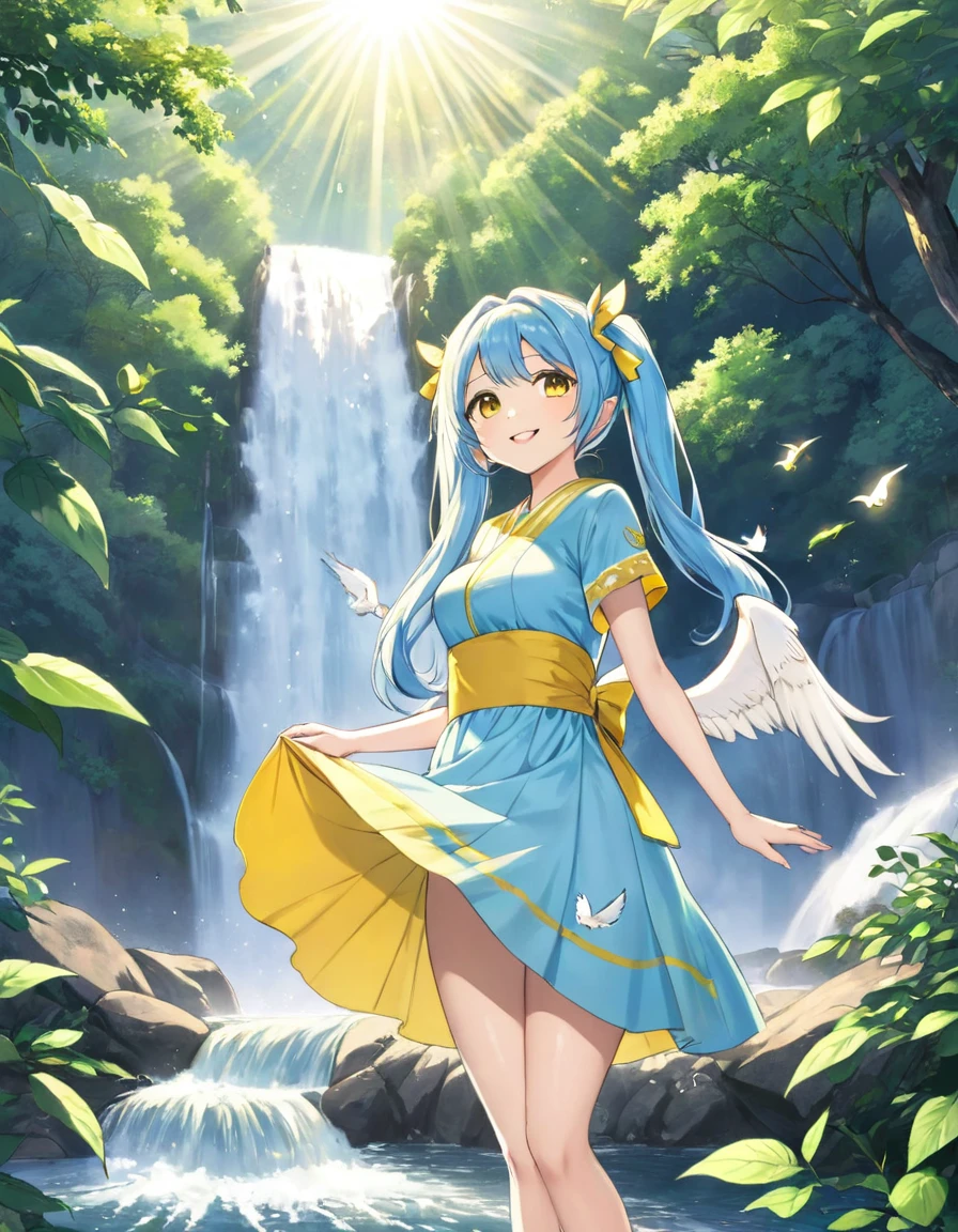 Sexy beauty，Beautiful Japanese Landscape、Big waterfall，Sunlight shines through the green leaves、Yellow half dress、Light blue long hair、Beautiful girl with twin tails、Look up at the sky、Bright smile、white owl flying