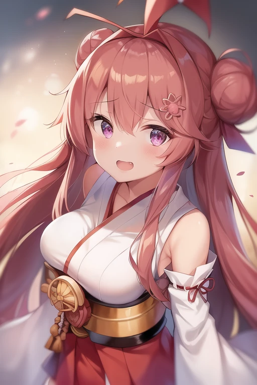 One girl, alone, Long Hair, King Kongu (Kantai Collection),Sakura Miko, Pink Hair, Double Bang, Purple eyes, Hair Bun, Ahoge, Open your mouth, Non-traditional Shrine Maiden, Removable sleeves, Brown eyes, White Background, (headgear):2, (Hair Bunド):2, smile, Sleeves edged with ribbon, Simple Background, kimono, Ribbon trim, View your viewers,  username, Upper Body, Wide sleeves, :d, King Kong