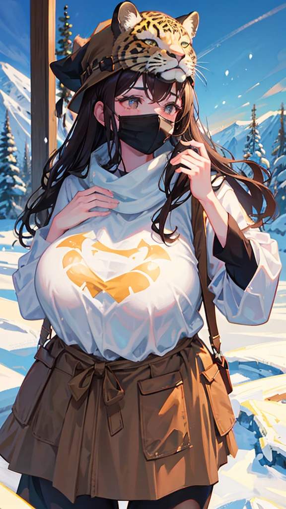 plump girl with pale skin, Brown hair, dressed in snow leopard clothes, snow leopard mask on the face, stylish witch mask, mountain witch, Scandinavian witch