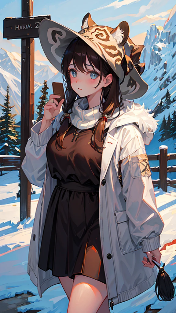 plump girl with pale skin, Brown hair, dressed in snow leopard clothes, snow leopard mask on the face, stylish witch mask, mountain witch, Scandinavian witch