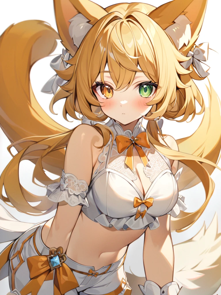 1girl, animal ears, bangs, bare shoulders, blonde hair, blush, bow, breasts, white cleavage, cropped torso, , green eyes, hair ribbon, heterochromia,  stlooking at viewer, , orange bow, orange eyes, orange ribbon, ears like an unearthly animal, fluffy tail, light tail, real tail, ribbon, solo, stuffed animal, stuffed bunny, stuffed toy, twintails, upper body, full-length, white legbands, white shoes with lace and white bows, white background, wrist cuffs, yellow eyes, bloomers, close-up, fair skin frills, lace, midriff, skirt, solo, , white background,shorts, white top with ribbon and lace and trousers,trousers, genshin,white slippers with a bow,All clothes are white, laceAt full height, it stands, в полный рост