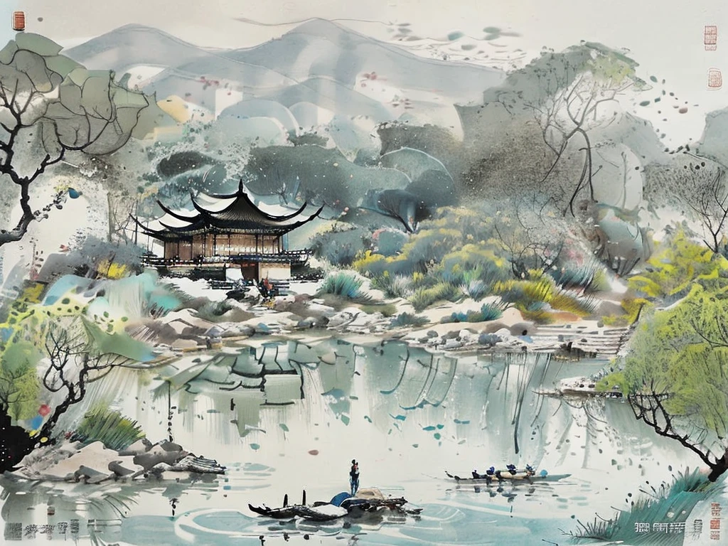水邊的一個亭子，意境豐富，水墨畫，中國畫，中國館，柳，安靜的，植物很茂密