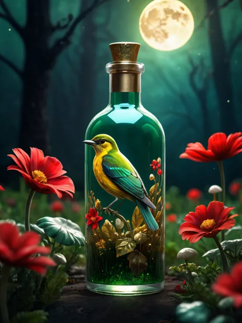 a masterpiece in a glass bottle, green and gold bird, mushroom fields, red flowers, dark and ghostly background, moon, (best qua...