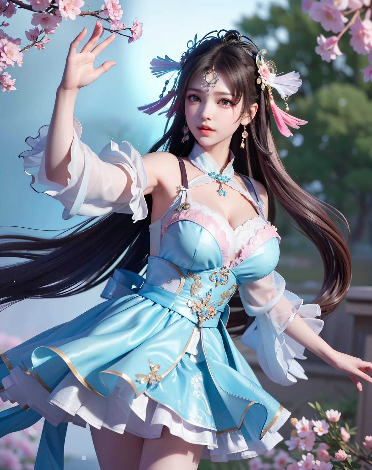 (8k, RAW photo:1.2), best quality, ultra high res,dramatic angle,(fluttered detailed color splashs), (illustration),(((1 girl))),(long hair),(rain:0.9), (Headdress:1.4),There is an ancient palace beside the girl,Hanfu,(Key Points),Color ink painting,(Splash of Color),Splash of Color,(((colorful))),(sketch:0.8) , Masterpiece, best quality, beautiful painted, highly detailed,(denoising:0.6),[splash ink],((ink refraction)), (beautiful detailed sky),moon,highly,detaild,(masterpiece, best quality, extremely detailed） CG Unity 8k Wallpaper，masterpiece，best quality，Ultra Detailed），（Lycoris）.shoulder ballet dress open V-chested clothes Thin silk lace dress short skirt , (huge ，cleavage),, white pink, blue ，best qualtiy，tmasterpiece，Ultra-high resolution，（Reality：1.4），RAW photogr，（True skin texture：1.3），（filmgrain：1.3），（Selfie angle），1个Giant Breast Girl，Beautiful eye and face details，tmasterpiece，Best quality at best，，The chest more exposed， detailed hair, bra pink , detail 8k, full body, lace petticoat