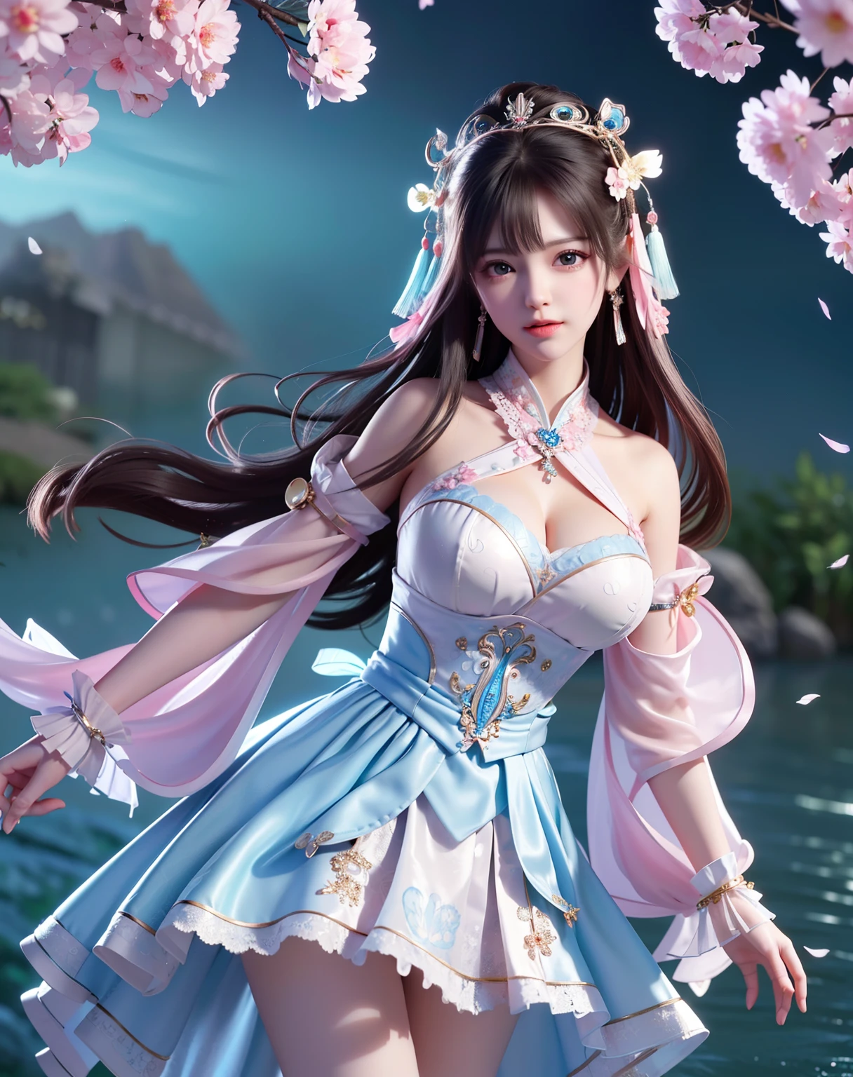 (8k, RAW photo:1.2), best quality, ultra high res,dramatic angle,(fluttered detailed color splashs), (illustration),(((1 girl))),(long hair),(rain:0.9), (Headdress:1.4),There is an ancient palace beside the girl,Hanfu,(Key Points),Color ink painting,(Splash of Color),Splash of Color,(((colorful))),(sketch:0.8) , Masterpiece, best quality, beautiful painted, highly detailed,(denoising:0.6),[splash ink],((ink refraction)), (beautiful detailed sky),moon,highly,detaild,(masterpiece, best quality, extremely detailed） CG Unity 8k Wallpaper，masterpiece，best quality，Ultra Detailed），（Lycoris）.shoulder ballet dress open V-chested clothes Thin silk lace dress short skirt , (huge ，cleavage),, white pink, blue ，best qualtiy，tmasterpiece，Ultra-high resolution，（Reality：1.4），RAW photogr，（True skin texture：1.3），（filmgrain：1.3），（Selfie angle），1个Giant Breast Girl，Beautiful eye and face details，tmasterpiece，Best quality at best，，The chest more exposed， detailed hair, bra pink , detail 8k, full body, lace petticoat