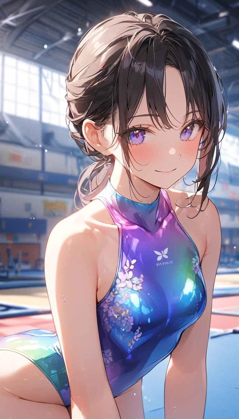 highquality illustration, masterpiece, very delicate and beautiful, attractive girl,(gymnastics leotard, Floral patterns leotard,long sleeve leotard with glittery decoration,high_leg leotard,athletic leotard,tight-fit leotard,iridescent gradient leotard,long-sleeve leotard),thin,slender body,slim,high school,gymnasium background,gymnastics club,gymnastics athlete,princess, beautiful eyes,light smile,(masterpiece, best quality:1.2), highres, extremely detailed CG unity 8k wallpaper, perfect lighting, Colourful, ultra-high res,4K,ultra-detailed, photography, 8K, HDR, 17 ages, full body,