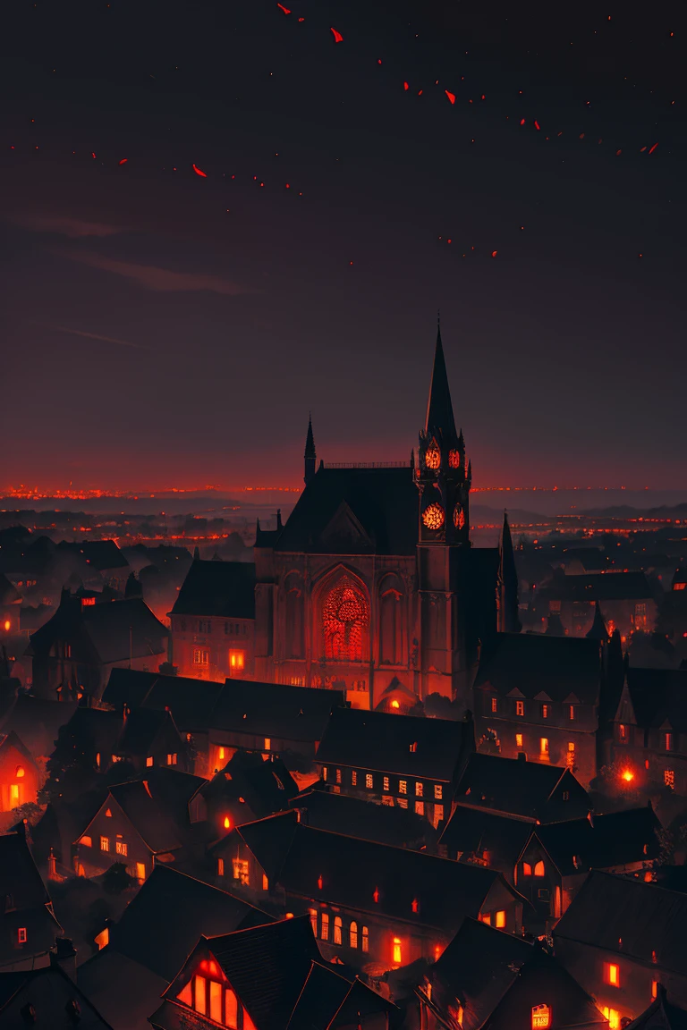 old European village shot with bird view, (Red glowing eyes), masterpiece, Depth of written boundary, Lutz, Gwaites style artwork, Gothic aesthetics, Dark Vampire village, ((in the dark gothic style cathle:1)), ((dark mid-night time:1.5)),