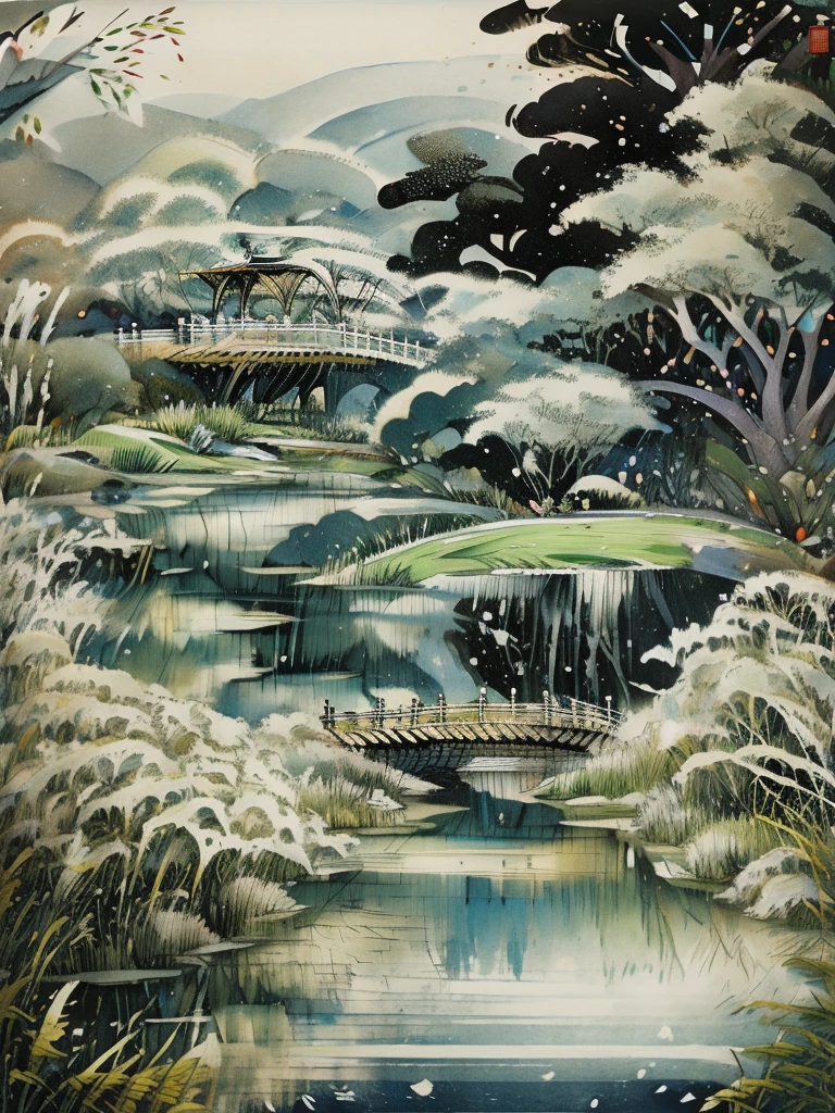 architecture de paysage，Un pavillon au bord de l'eau，Riche en conception artistique，peinture à l&#39;encre，peinture chinoise，Des saules denses，Pétillant