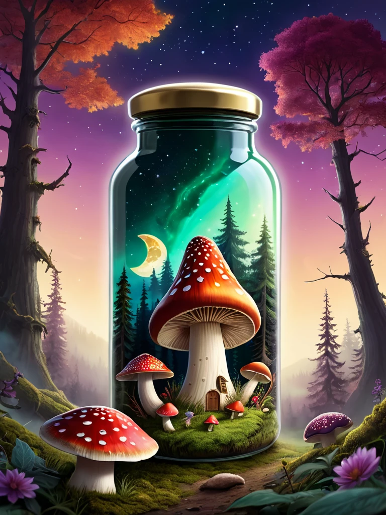 Chef doeuvre dans une grande bouteille très détaillé,  grüner und goldener Skarabäus,  Arrière-plan fantasy,  champs de champignons rouge et mauve, Himmel , Wald,  Mond