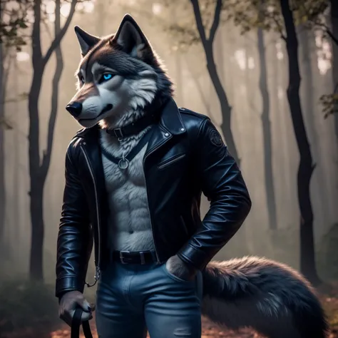 Male, 30 years old, cute, eyeliner, very sad expression, open open, black leather jacket, anthro, wolf ears, (black fur:1.5), wo...
