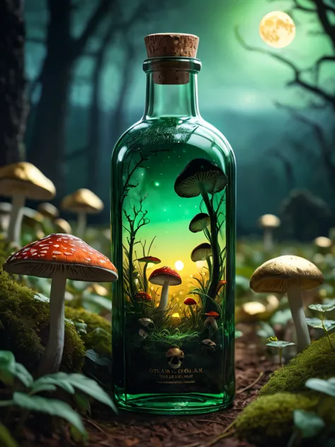 a masterpiece in detailled glass bottle, green and gold scarabée, mushroom fields, dark and ghostly background, moon, (best qual...