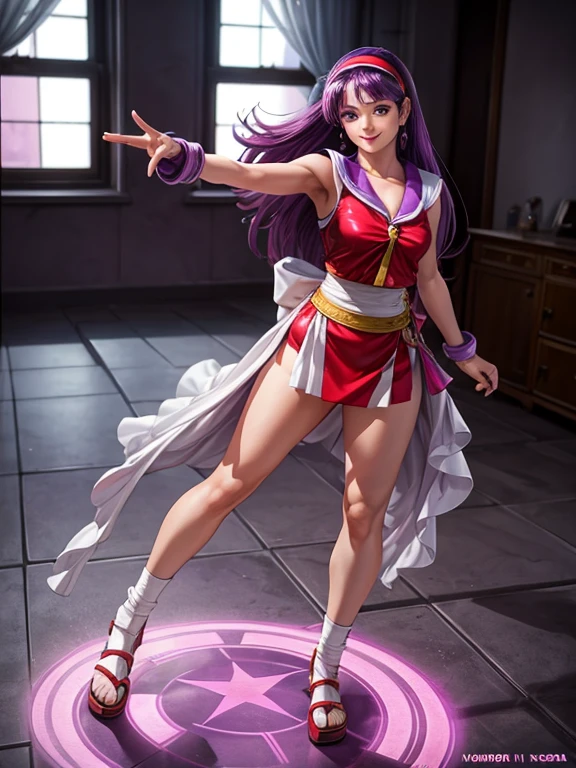  athena asamiya, 1girl, purple eyes, purple hair, long hair,in full body picture sensual pose, on over the shoulder pose, showing her underwear, with her buttocks raised and round, smiling at the camera, changing clothes, in front of a window,, hairband,