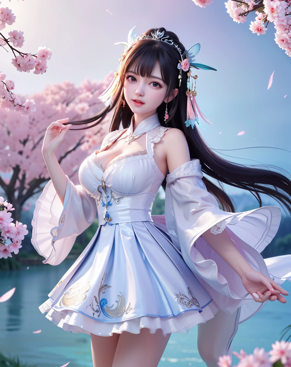 (8k, RAW photo:1.2), best quality, ultra high res,dramatic angle,(fluttered detailed color splashs), (illustration),(((1 girl))),(long hair),(rain:0.9), (Headdress:1.4),There is an ancient palace beside the girl,Hanfu,(Key Points),Color ink painting,(Splash of Color),Splash of Color,(((colorful))),(sketch:0.8) , Masterpiece, best quality, beautiful painted, highly detailed,(denoising:0.6),[splash ink],((ink refraction)), (beautiful detailed sky),moon,highly,detaild,(masterpiece, best quality, extremely detailed） CG Unity 8k Wallpaper，masterpiece，best quality，Ultra Detailed），（Lycoris）.shoulder ballet dress open V-chested clothes Thin silk lace dress short skirt , (huge ，cleavage),, white pink, blue ，best qualtiy，tmasterpiece，Ultra-high resolution，（Reality：1.4），RAW photogr，（True skin texture：1.3），（filmgrain：1.3），（Selfie angle），1个Giant Breast Girl，Beautiful eye and face details，tmasterpiece，Best quality at best，，The chest more exposed， detailed hair, bra pink , detail 8k, full body, lace petticoat