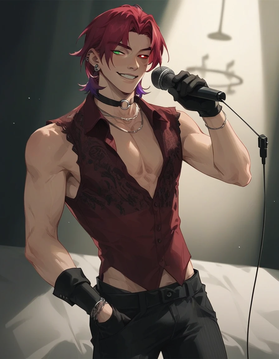 score_9, score_8_up, score_7_up, hs kayn, solo, looking at viewer, smile, shirt, red eyes, gloves, 1boy, holding, jewelry, green eyes, male focus, red hair, earrings, sleeveless, choker, black gloves, pants, necklace, parted bangs, heterochromia, black choker, black pants, piercing, pectorals, red shirt, ear piercing, microphone, o-ring, holding microphone, pectoral cleavage, 
zPDXL, singing, pants lightly down, teasing bulge, big cock